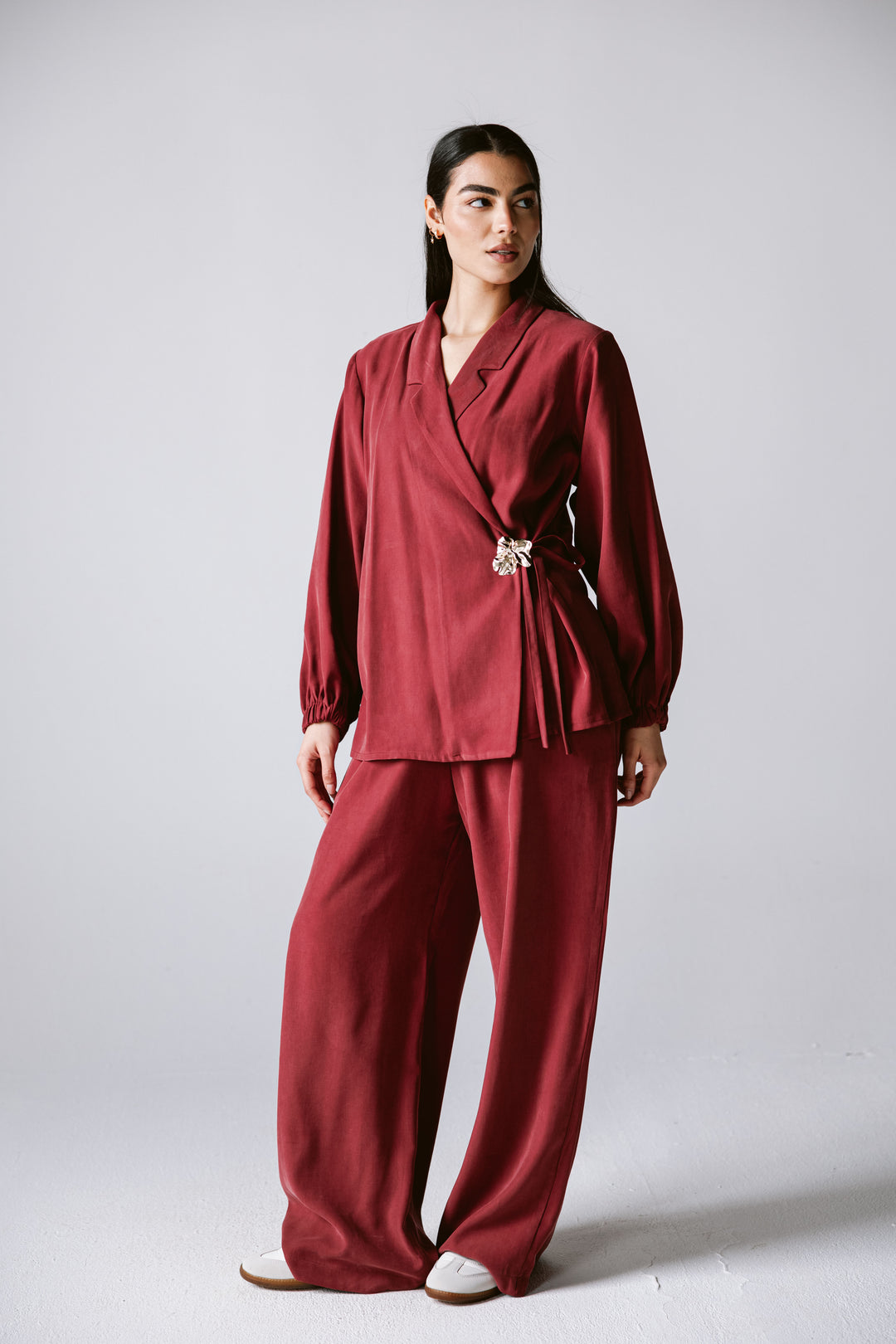 Wrap Blazer Set In Burgundy