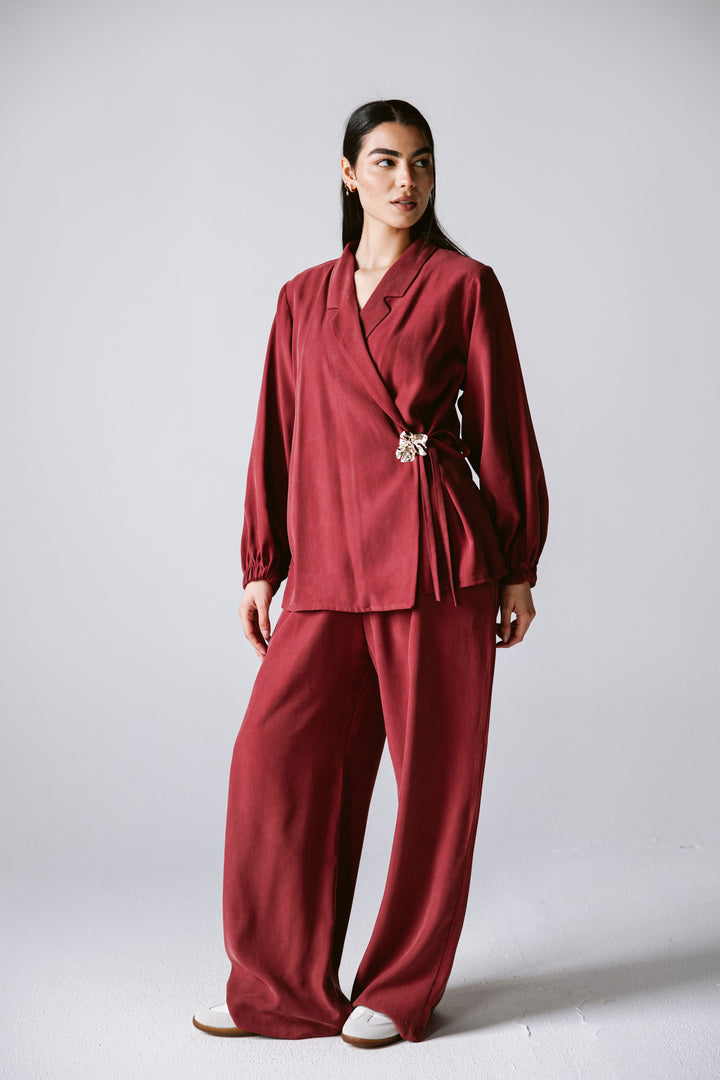 Wrap Blazer Set In Burgundy