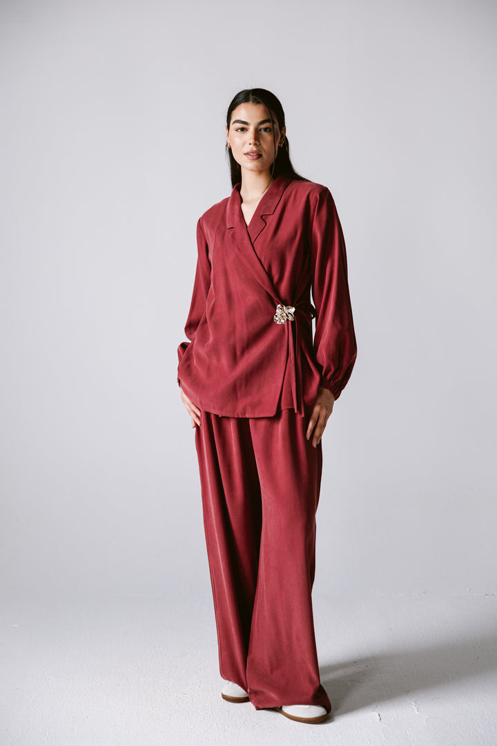 Wrap Blazer Set In Burgundy