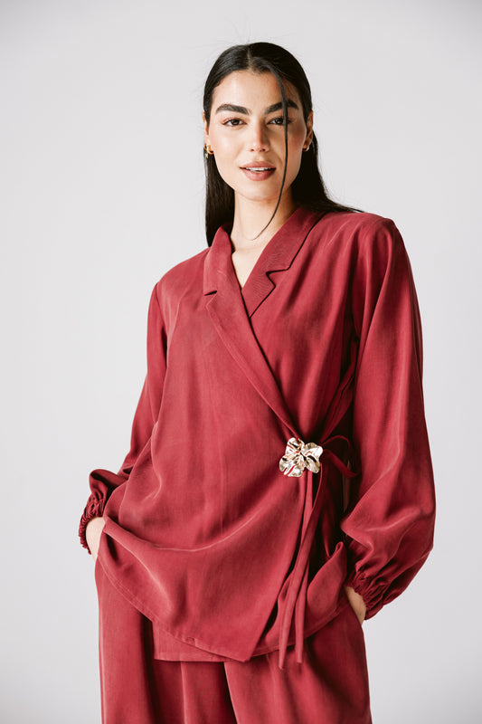 Wrap Blazer Set In Burgundy