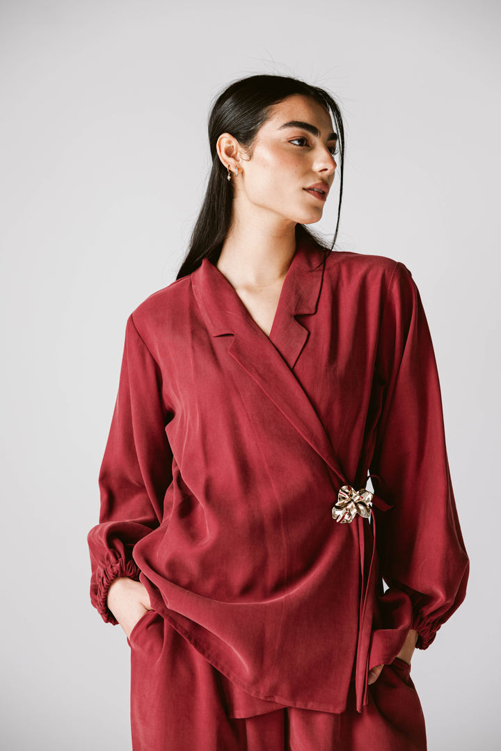 Wrap Blazer Set In Burgundy