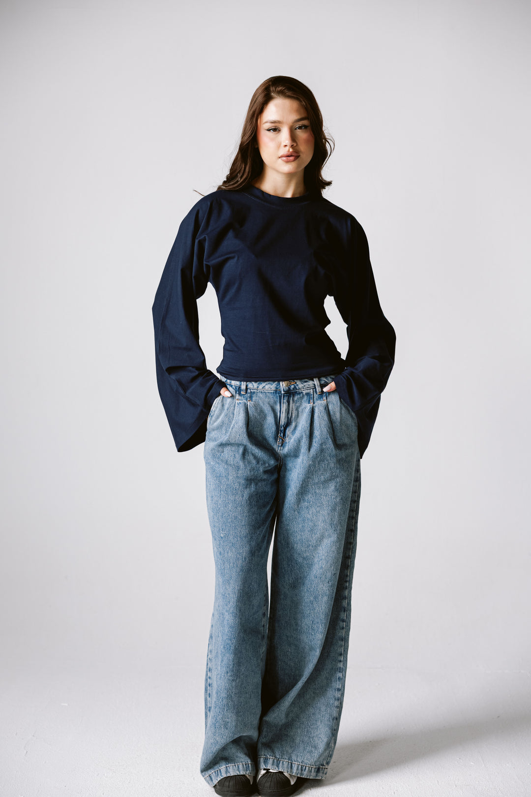 Balloon Sleeve Top In Navy