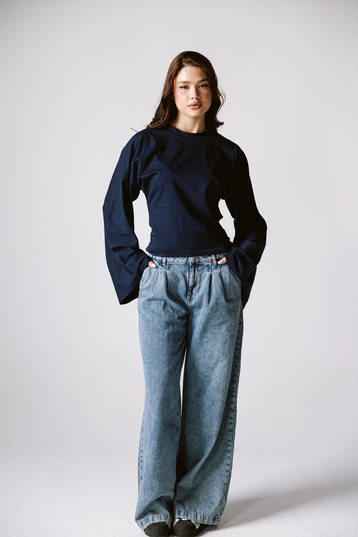 Balloon Sleeve Top In Navy