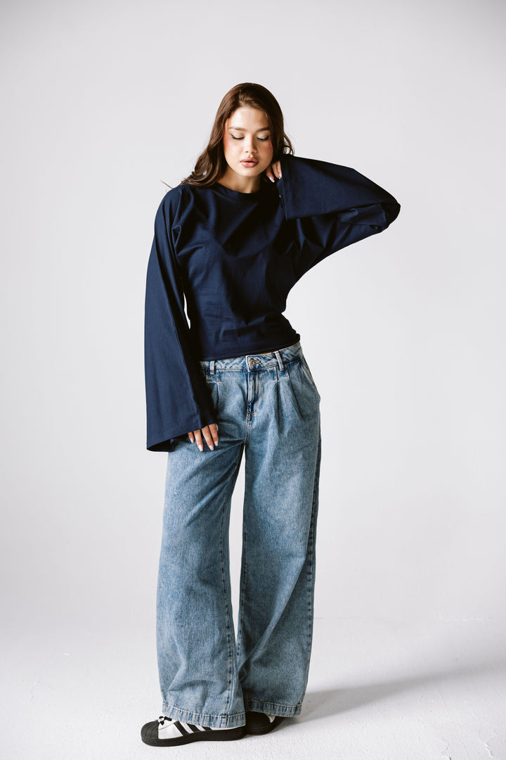 Balloon Sleeve Top In Navy