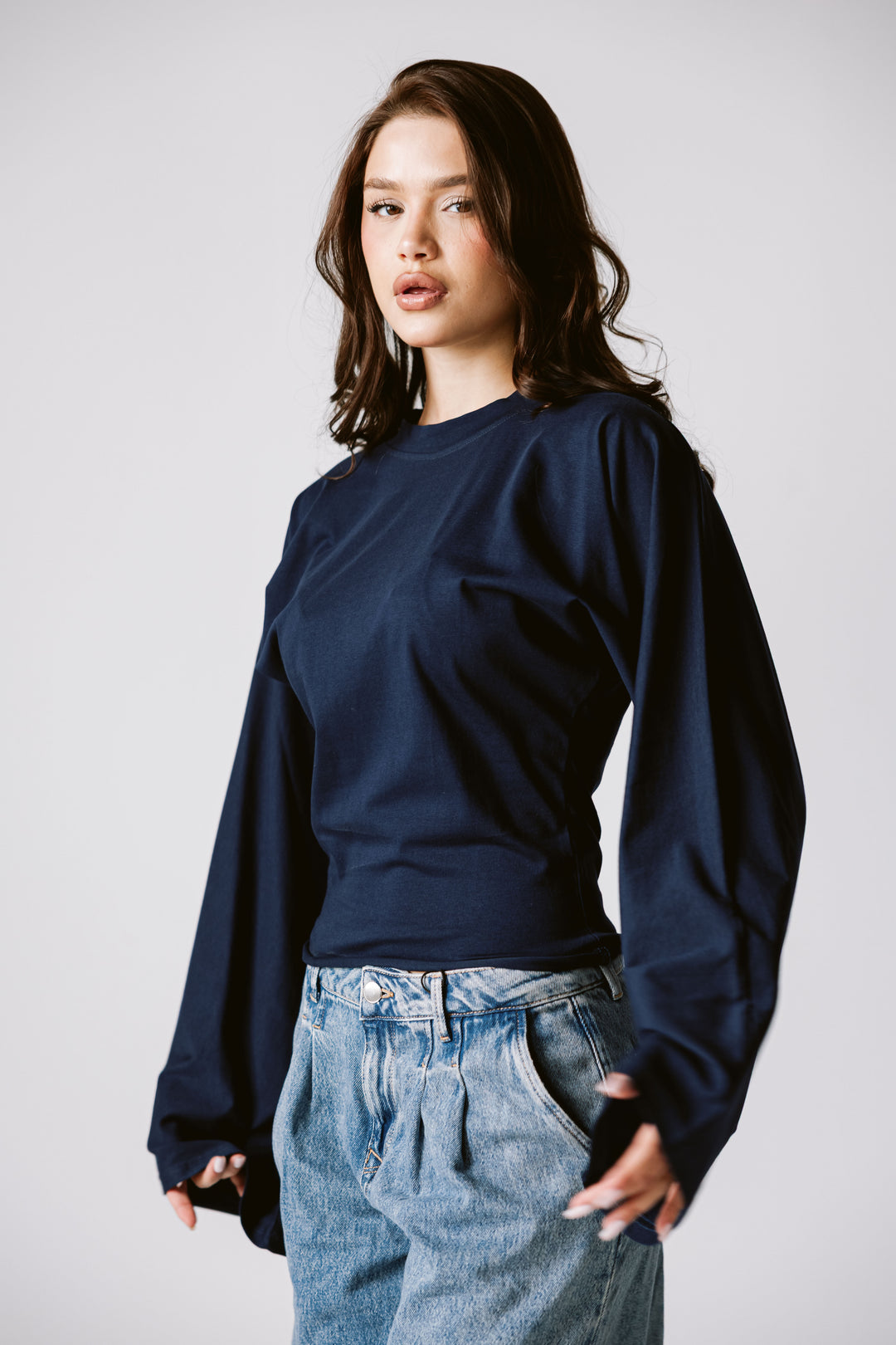 Balloon Sleeve Top In Navy