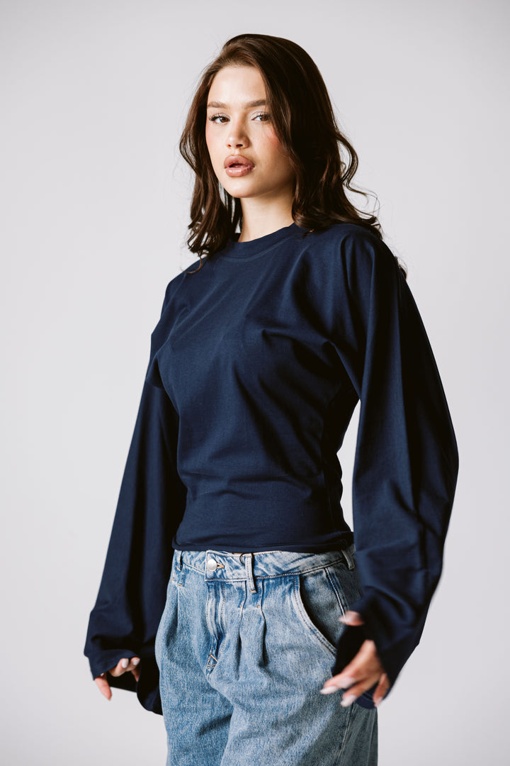 Balloon Sleeve Top In Navy