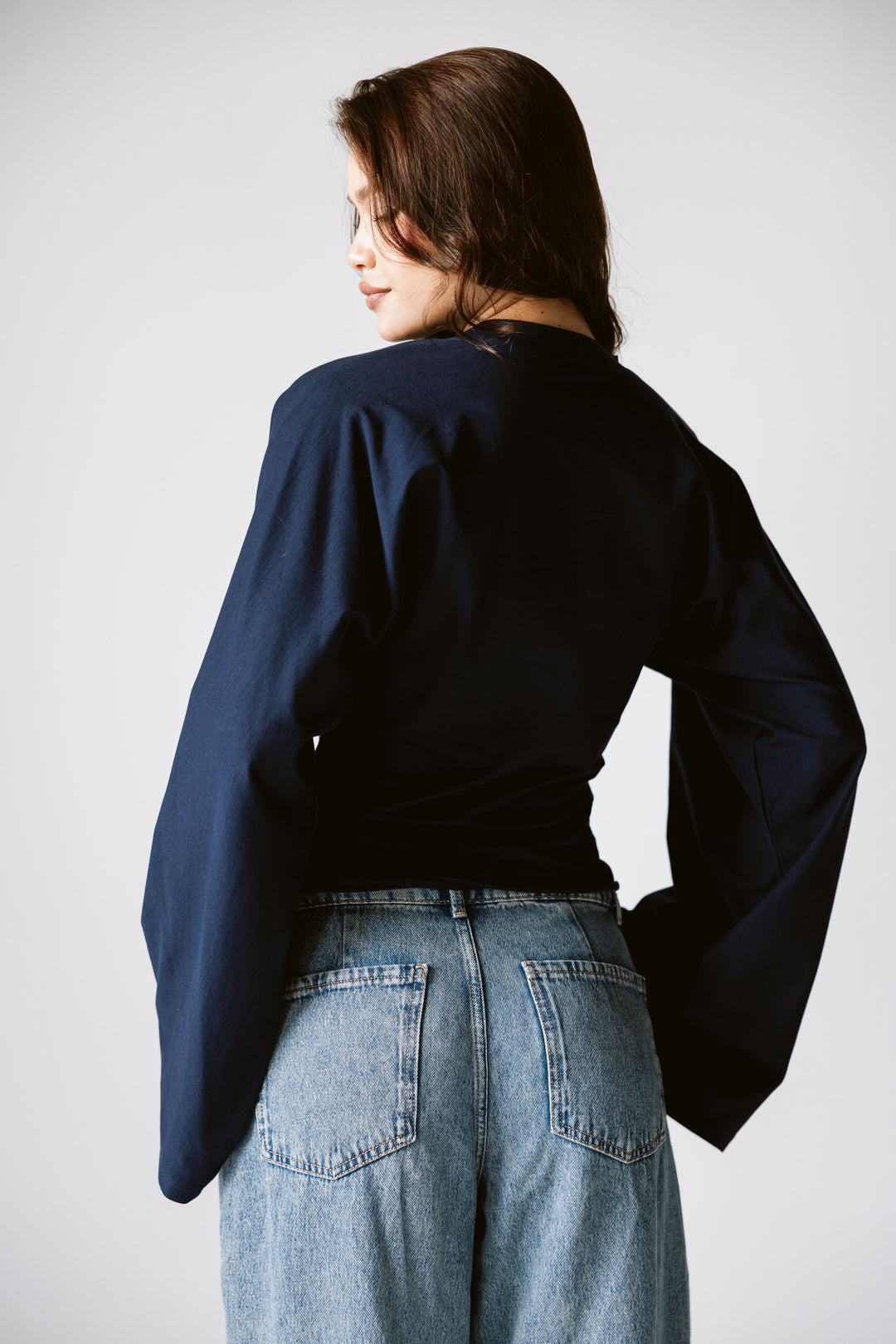 Balloon Sleeve Top In Navy