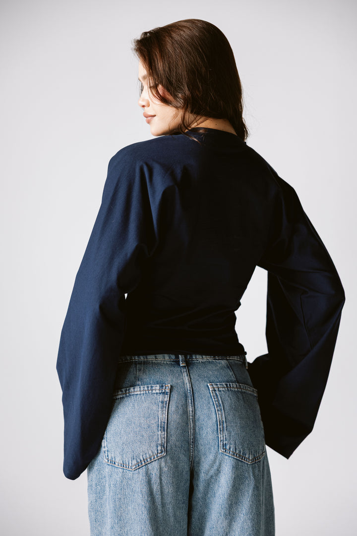 Balloon Sleeve Top In Navy