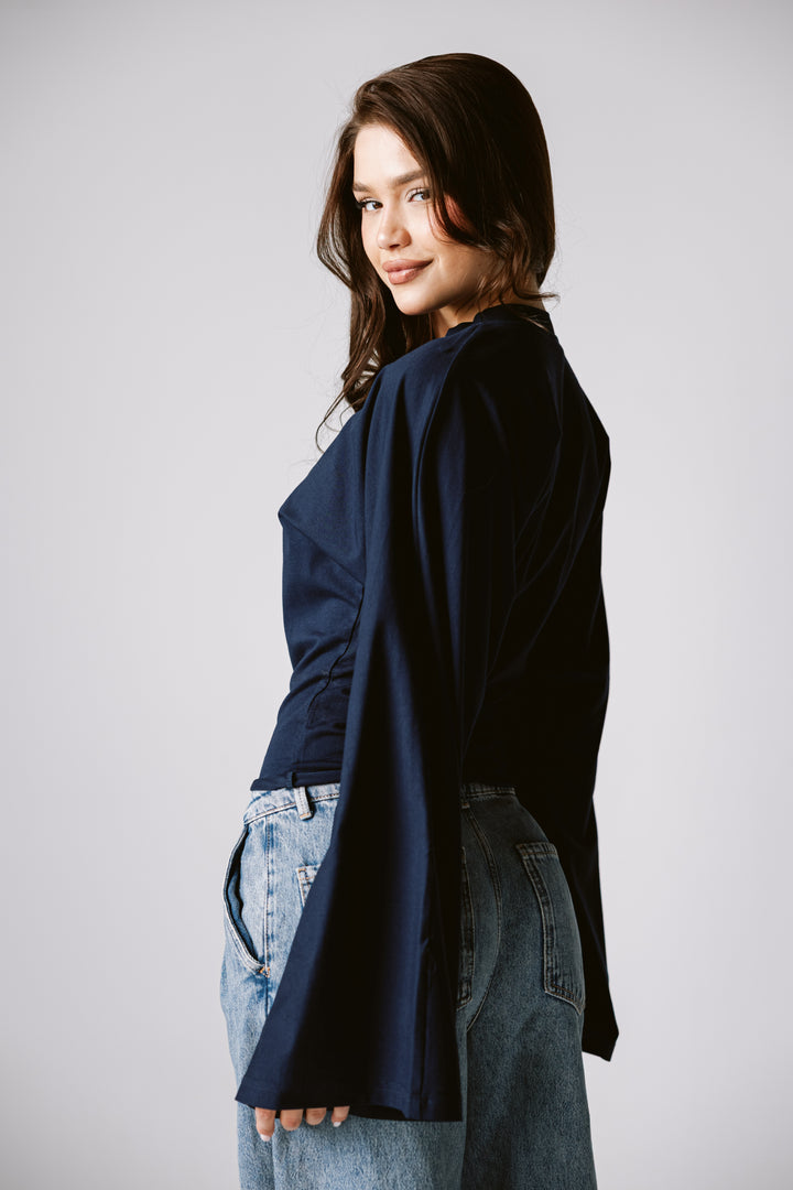 Balloon Sleeve Top In Navy
