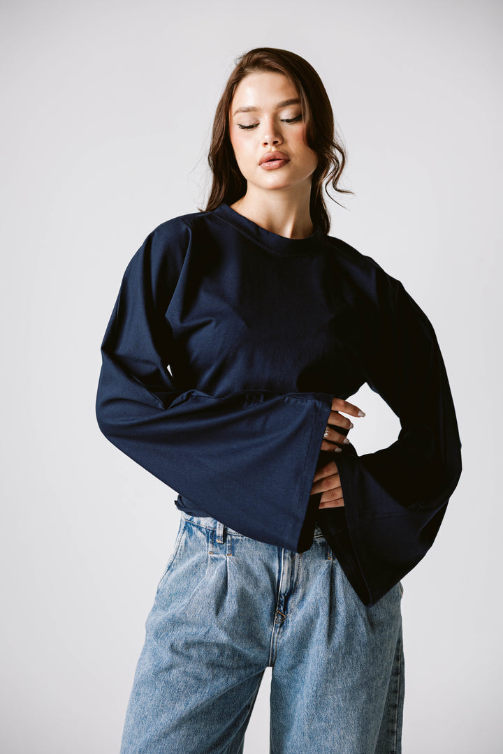 Balloon Sleeve Top In Navy