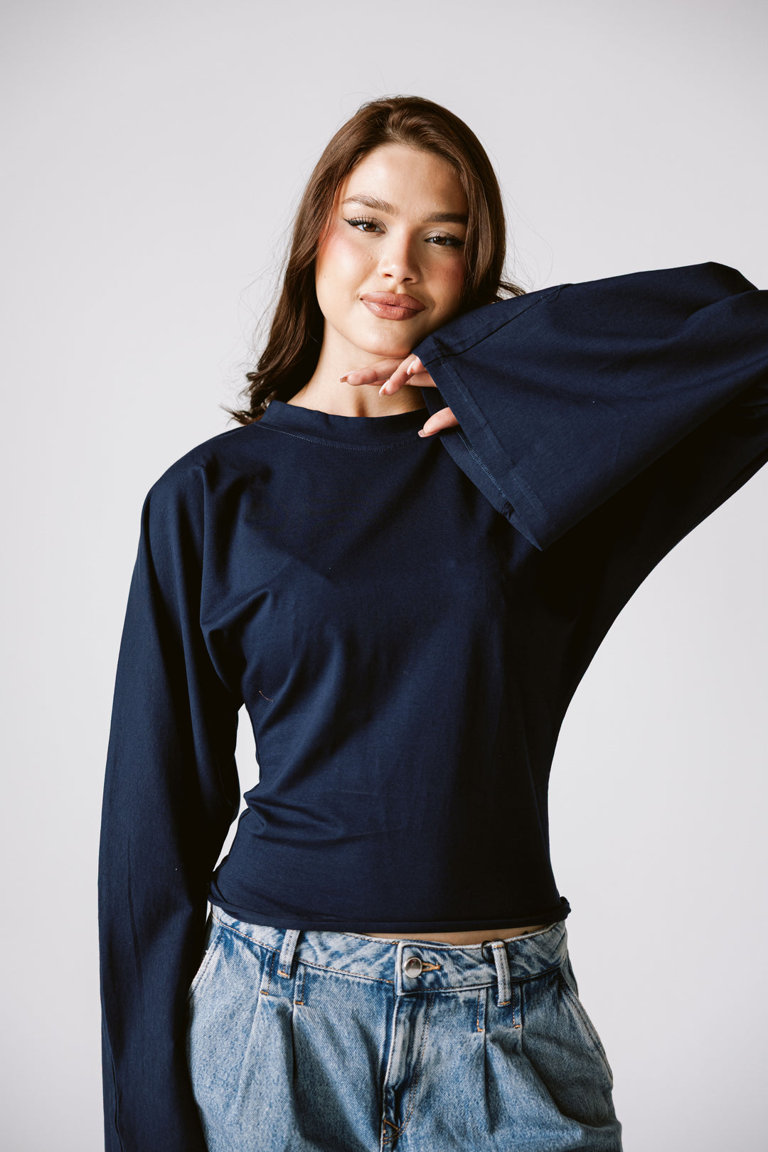 Balloon Sleeve Top In Navy