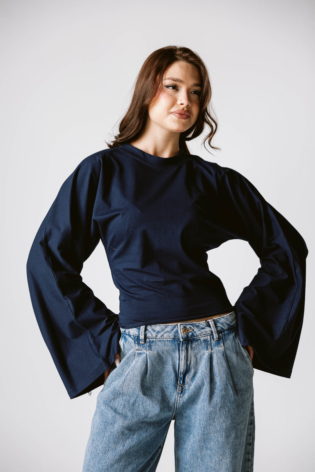 Balloon Sleeve Top In Navy