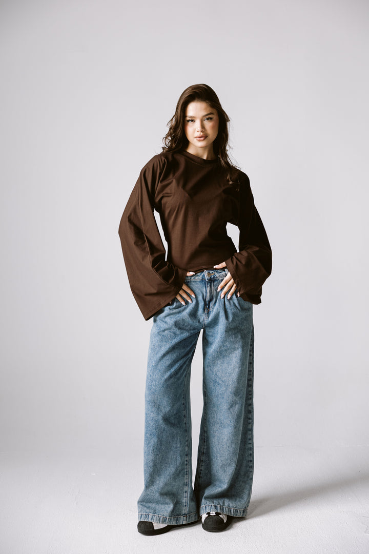Balloon Sleeve Top In Brown