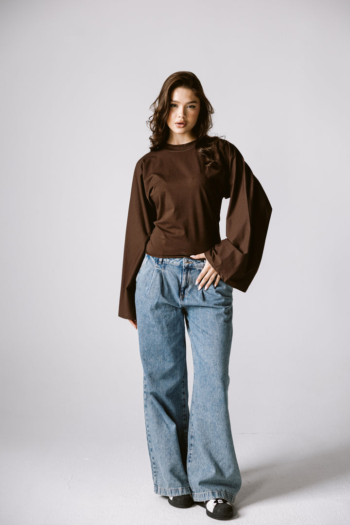 Balloon Sleeve Top In Brown