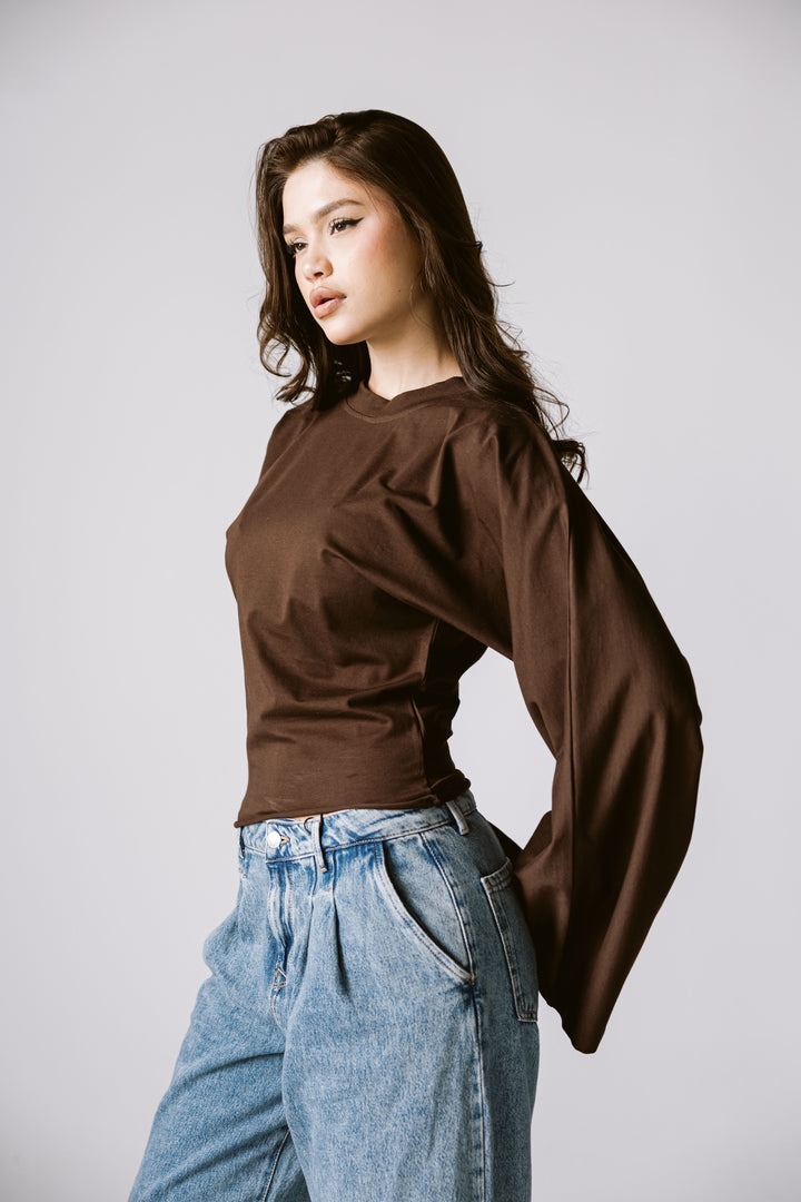 Balloon Sleeve Top In Brown