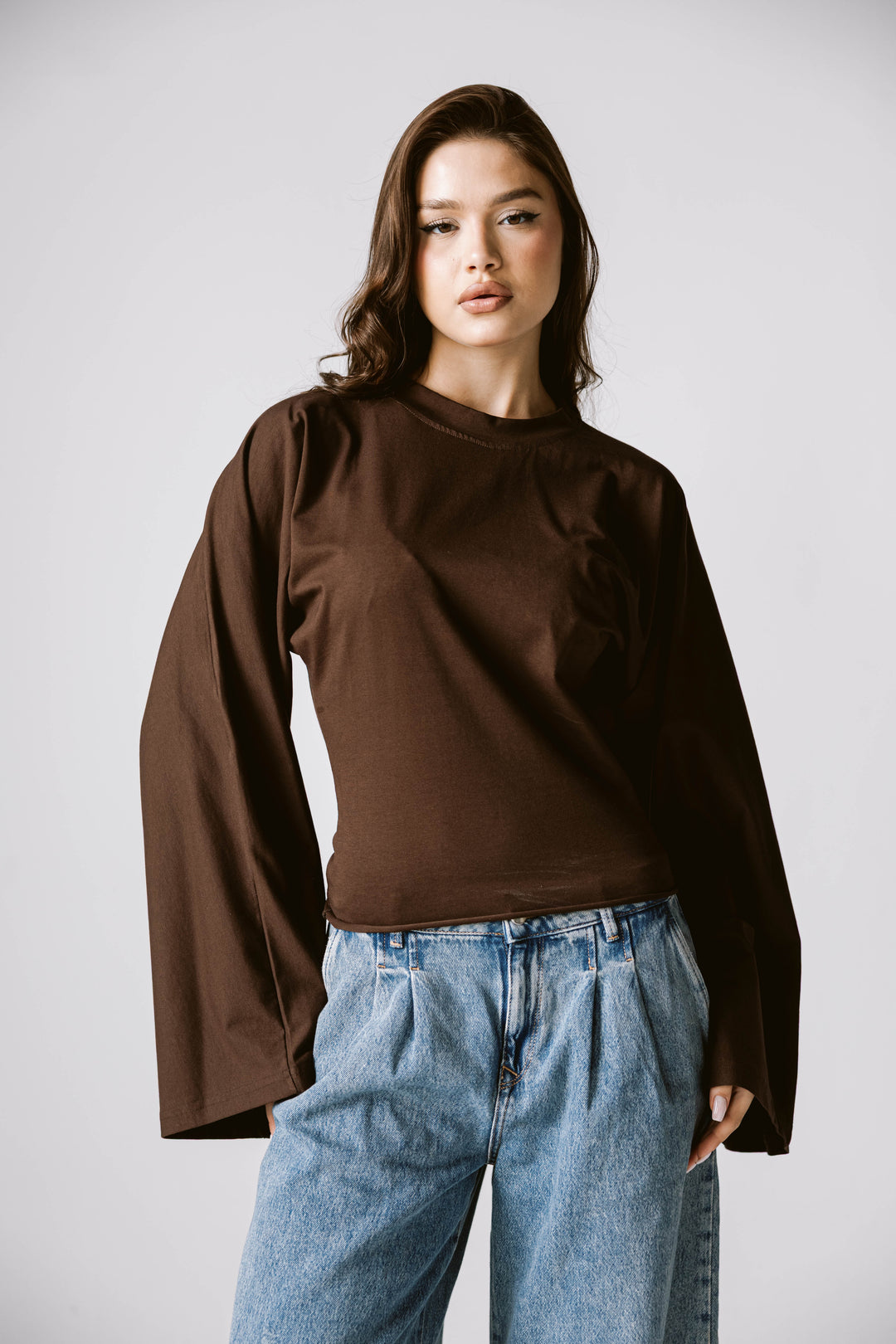 Balloon Sleeve Top In Brown