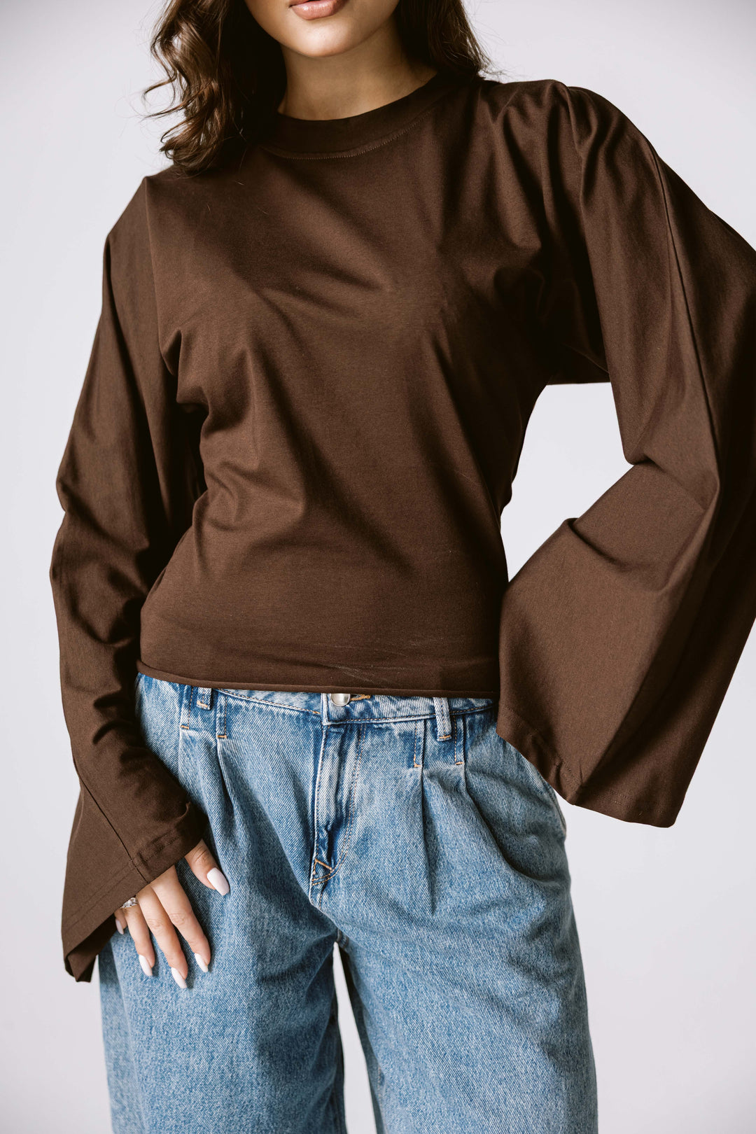 Balloon Sleeve Top In Brown