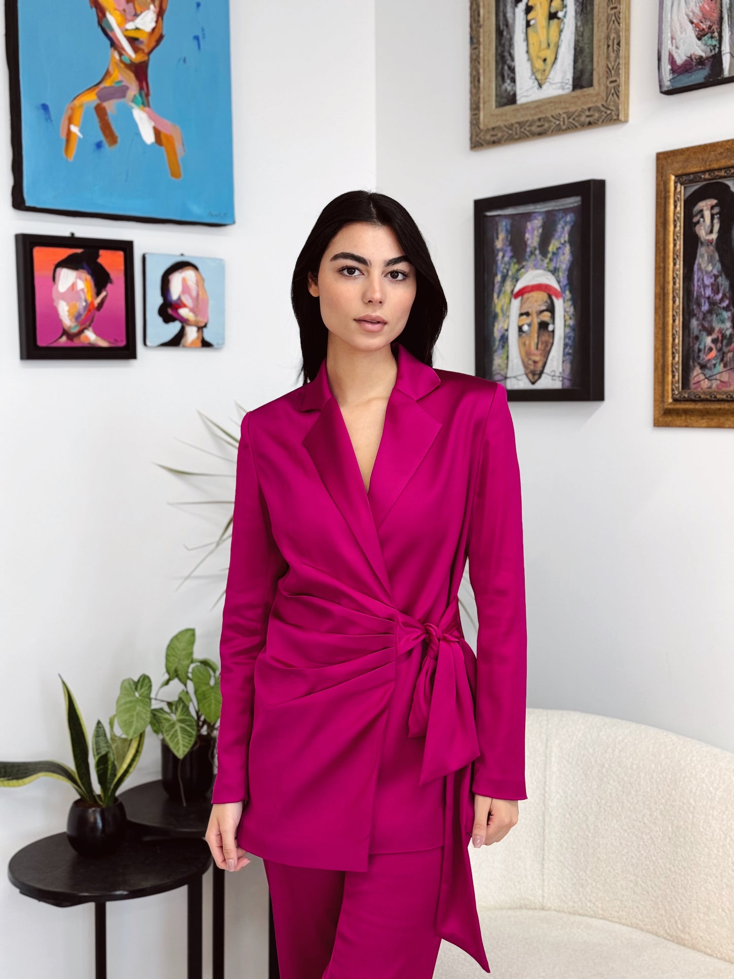 Fuchsia satin set blazer